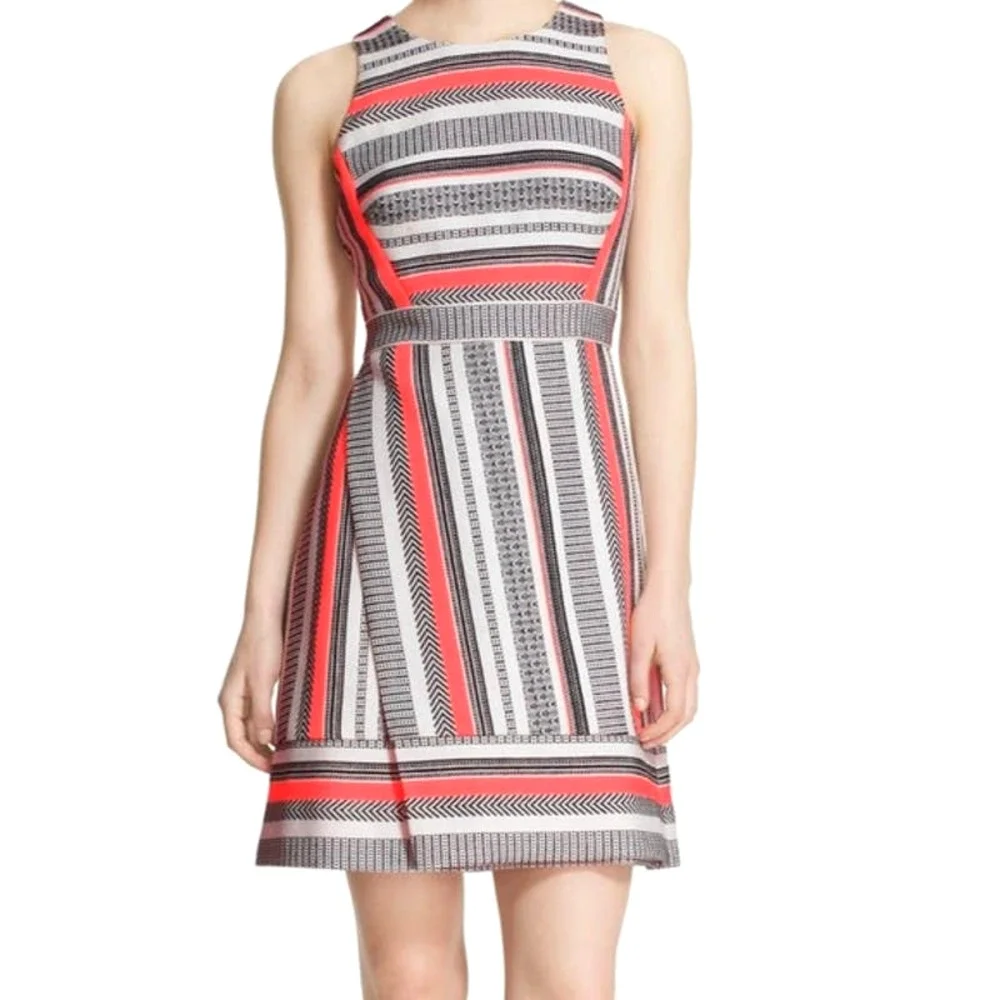 Kate Spade Ribbon Jacquard Dress Size‎ 0 Neon Striped Tweed A-Line Sleeveless